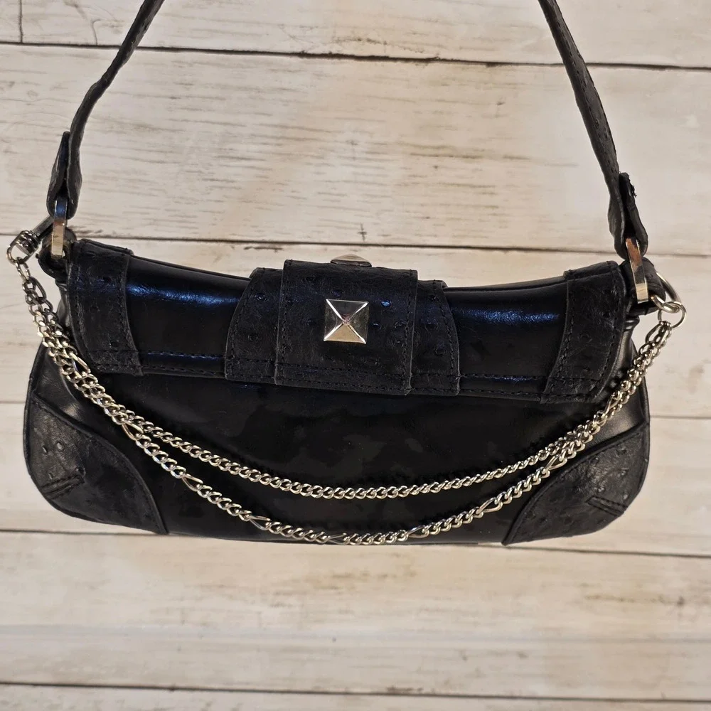 Pepe Jeans London Black Ostrich Embossed Studded Y2K Baguette Shoulder Bag‎